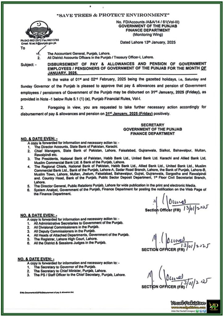 Timely Disbursement of January Pay and Pensions for Punjab Employees on 31st January 2025–Notification 6 Timely Disbursement of January Pay and Pensions for Punjab Employees on 31st January 2025–Notification
