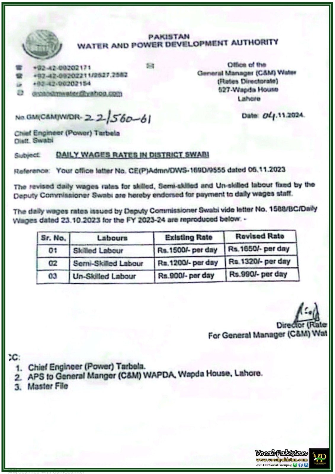 Updated Wage Rates for Skilled, Semi-Skilled, and Unskilled Labor in Swabi Approved by WAPDA-Notification