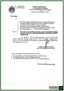 Urgent Directive for Vacancy Data Submission in BPS-01 to BPS-04 Positions Sindh Local Government Notification