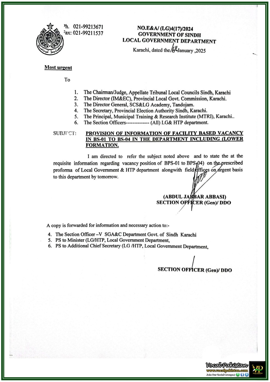 Urgent Directive for Vacancy Data Submission in BPS-01 to BPS-04 Positions Sindh Local Government Notification