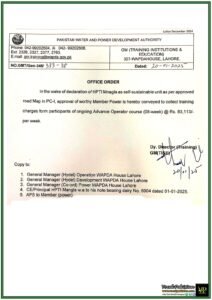 WAPDA Declares Revised Rates of Training Charges for Advanced Operator Course with HPTI Mangla-Notification