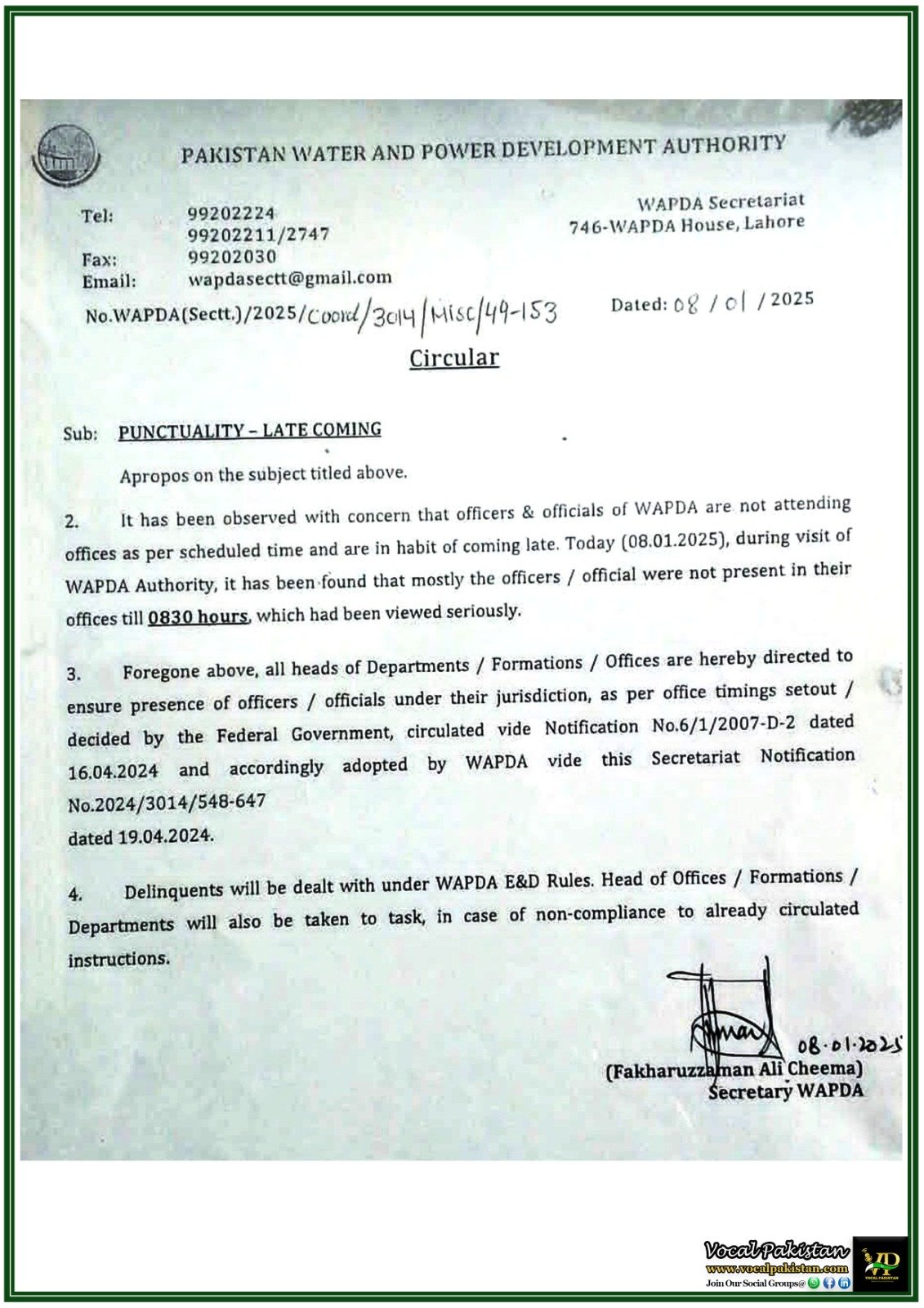 WAPDA Issues Circular on Punctuality: Strict Enforcement of Office Timings-Notification