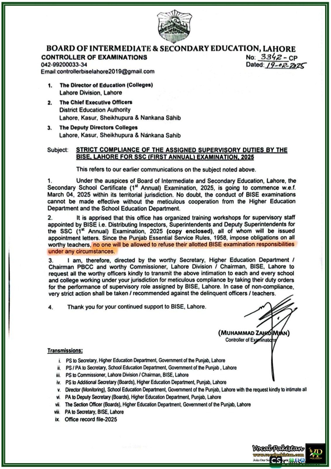 BISE Lahore Issues Strict Orders for SSC Exam 2025 Supervisory Duties–Compliance Mandatory