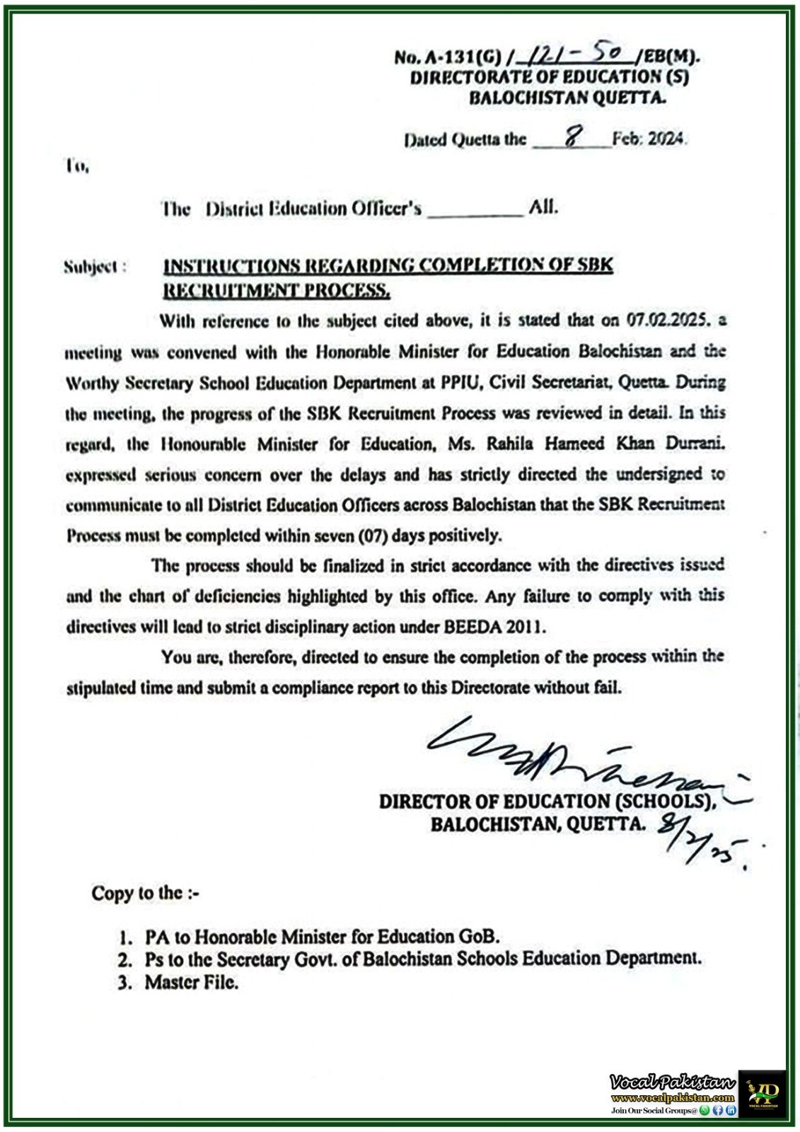 Balochistan Government Directs District Education Officers to Finalize SBK Recruitment within 7 Days–Official Notification Issued