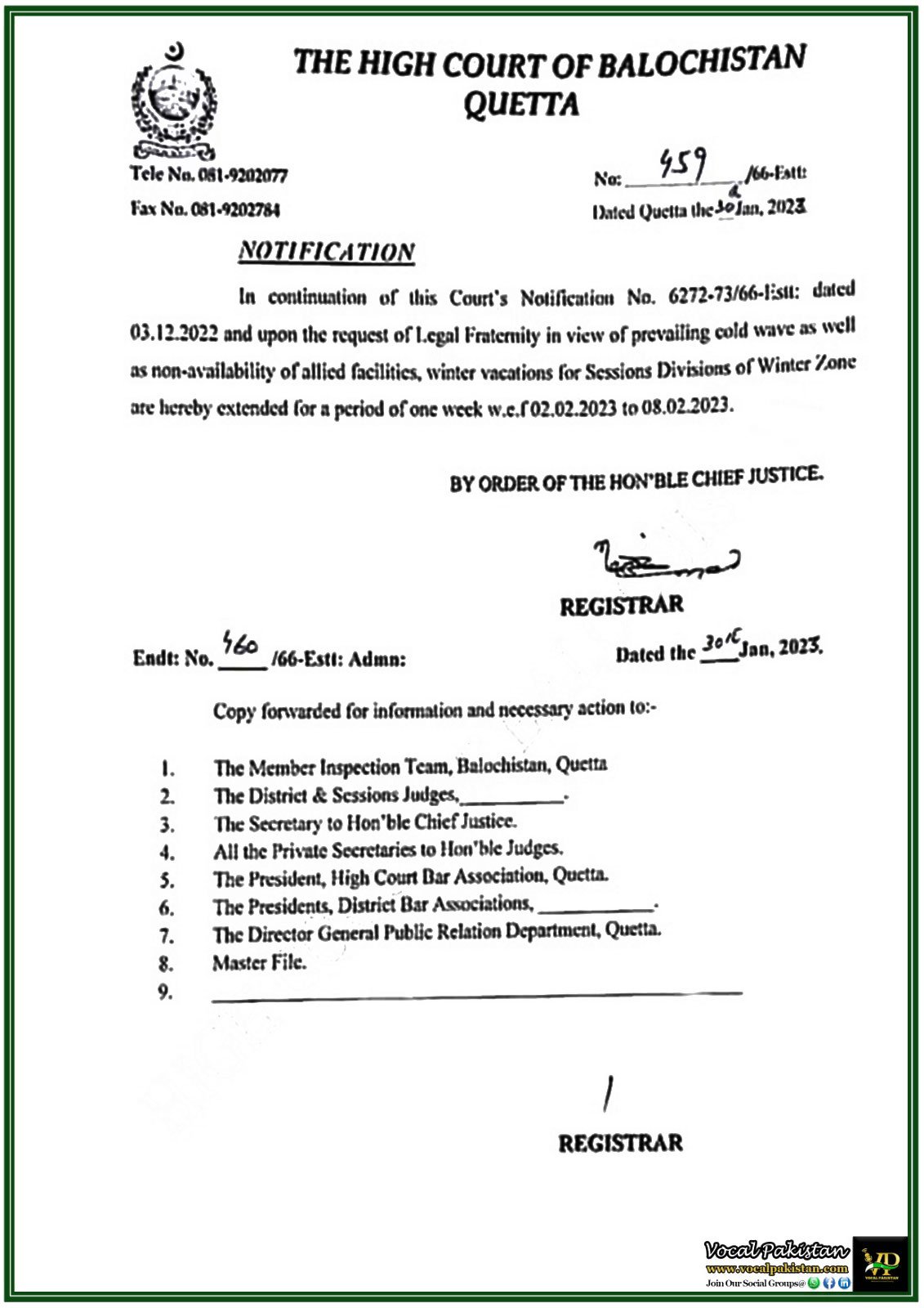 Balochistan High Court Extends Winter Vacations for Sessions Divisions–Official Notification