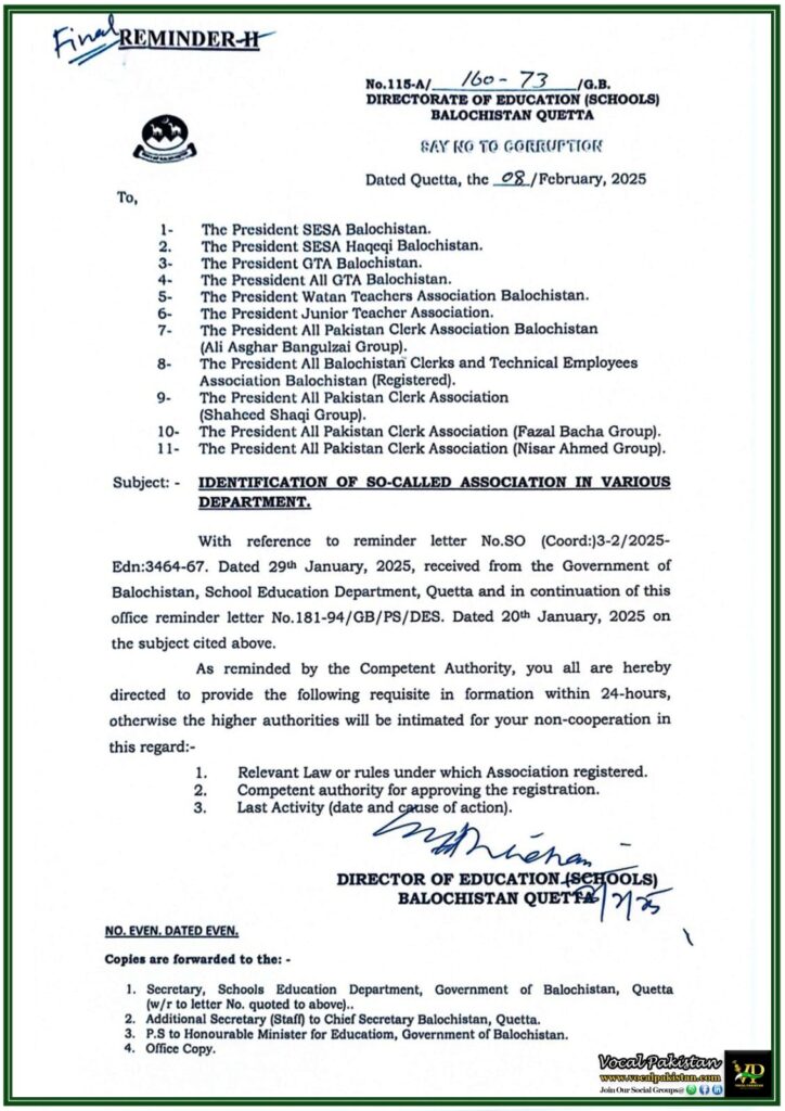 Balochistan School Education Department Demands Verification of Associations–Final Notification 7 Balochistan School Education Department Demands Verification of Associations–Final Notification