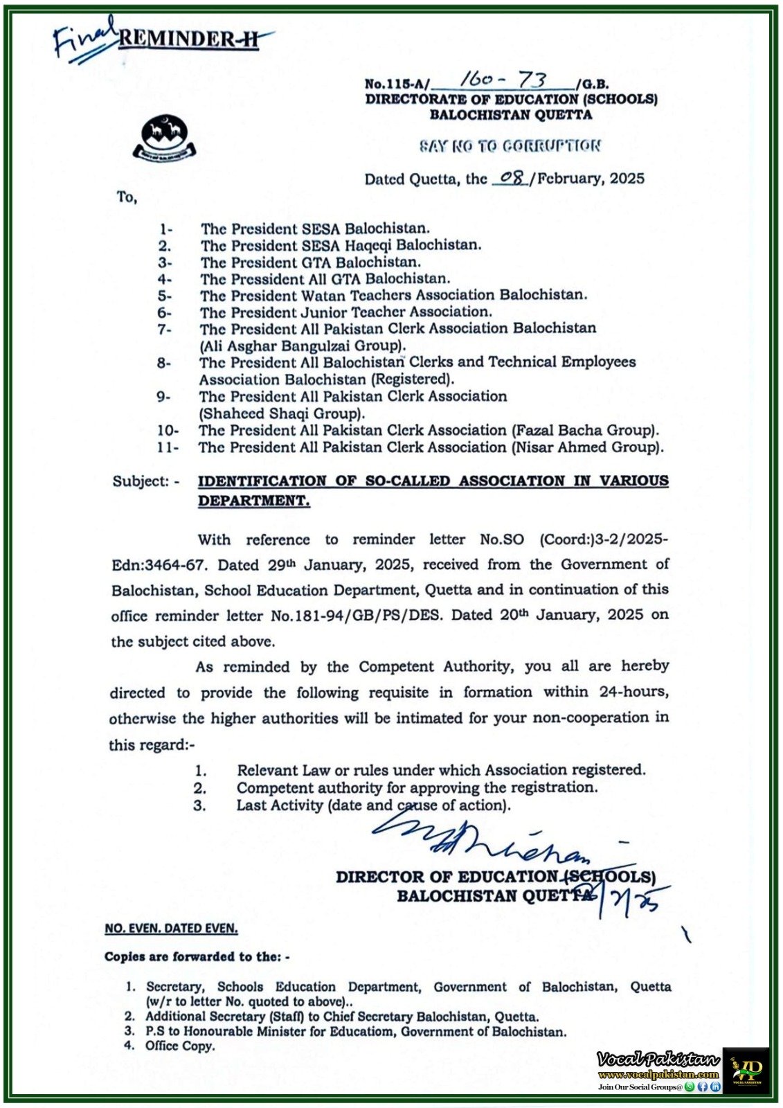 Balochistan School Education Department Demands Verification of Associations–Final Notification