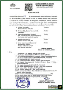 Board of Revenue Sindh Issues New Notification for Land Record Scrutiny Committee–Official Notification