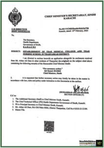 Chief Minister Sindh Initiates Thar Medical College & Nursing School Project–Notification