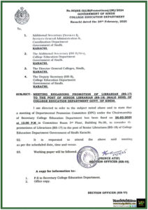 College Education Department Sindh Sets Promotion Meeting for Librarians (BS-17 to BS-18)–Official Notice
