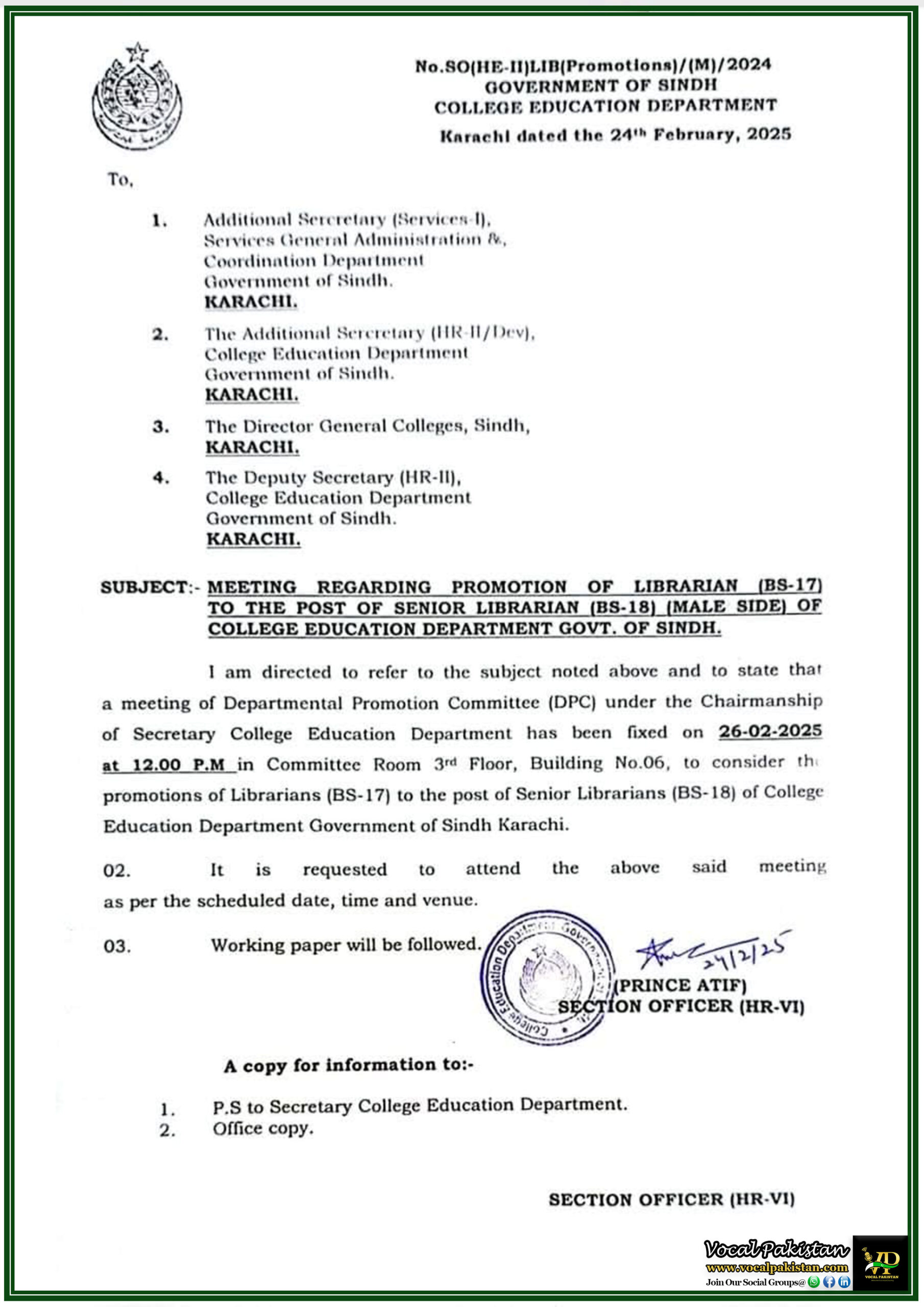 Sindh 6 College Education Department Sindh Sets Promotion Meeting for Librarians (BS-17 to BS-18)–Official Notice