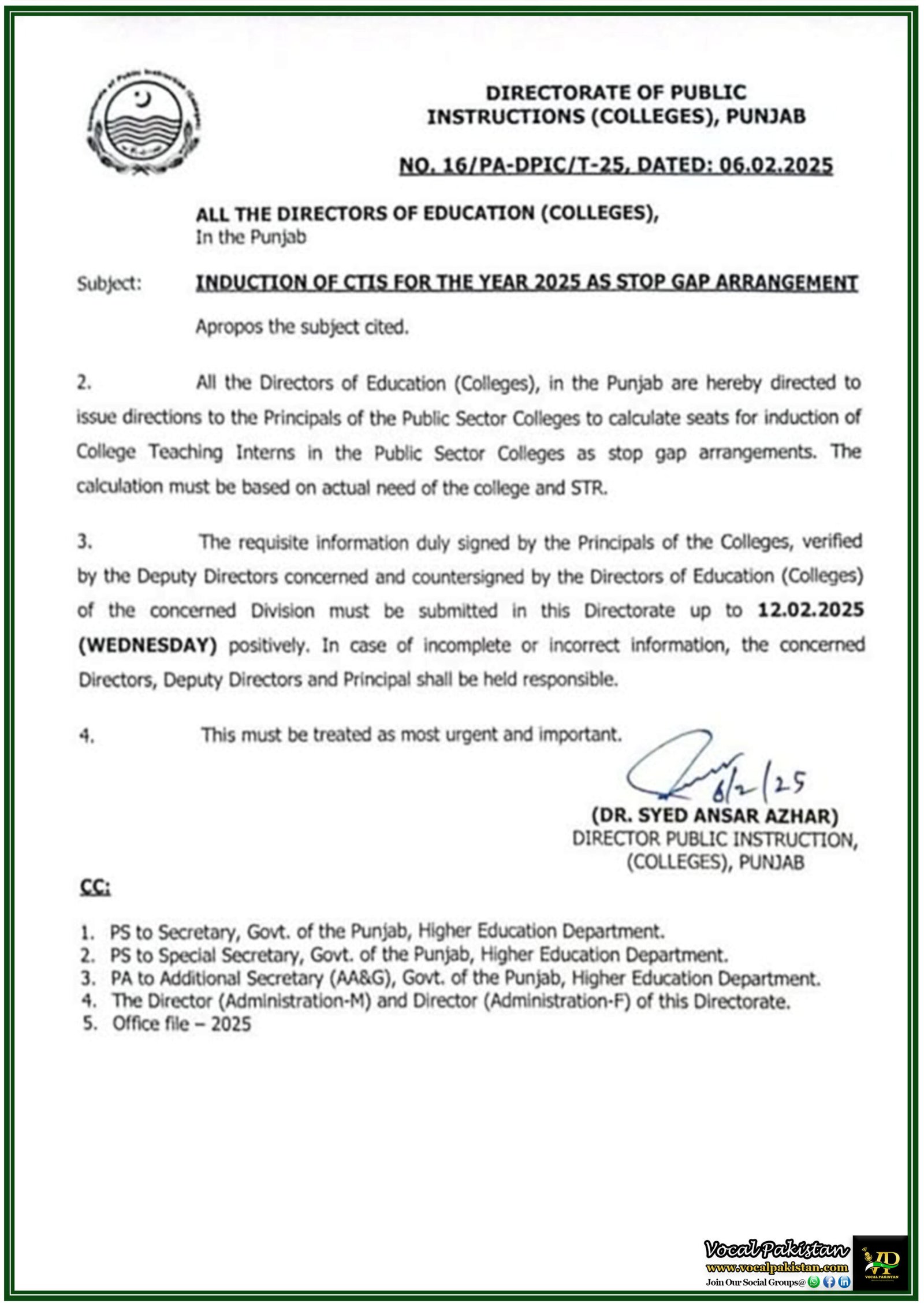 College Teaching Interns (CTIs) Induction 2025 Punjab Higher Education’s Latest Directive