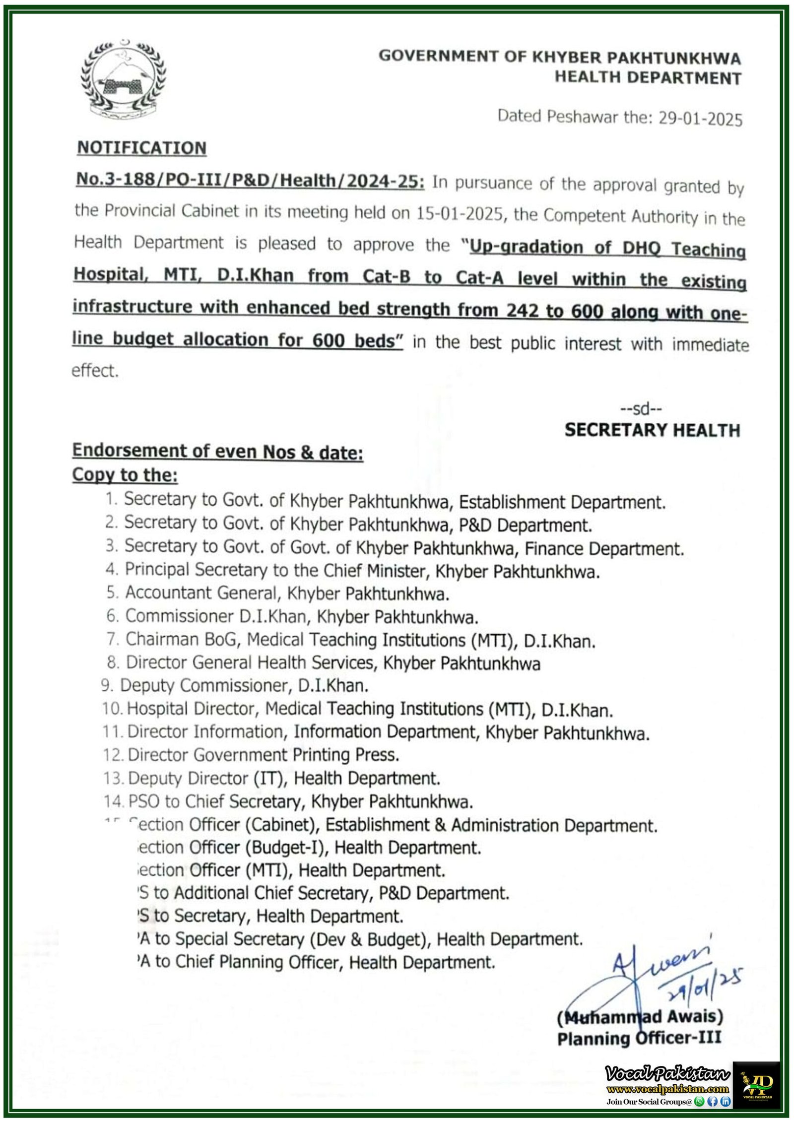 DHQ Teaching Hospital, MTI, D.I. Khan Upgraded to Category-A with Expanded Facilities-KPK Government Notification