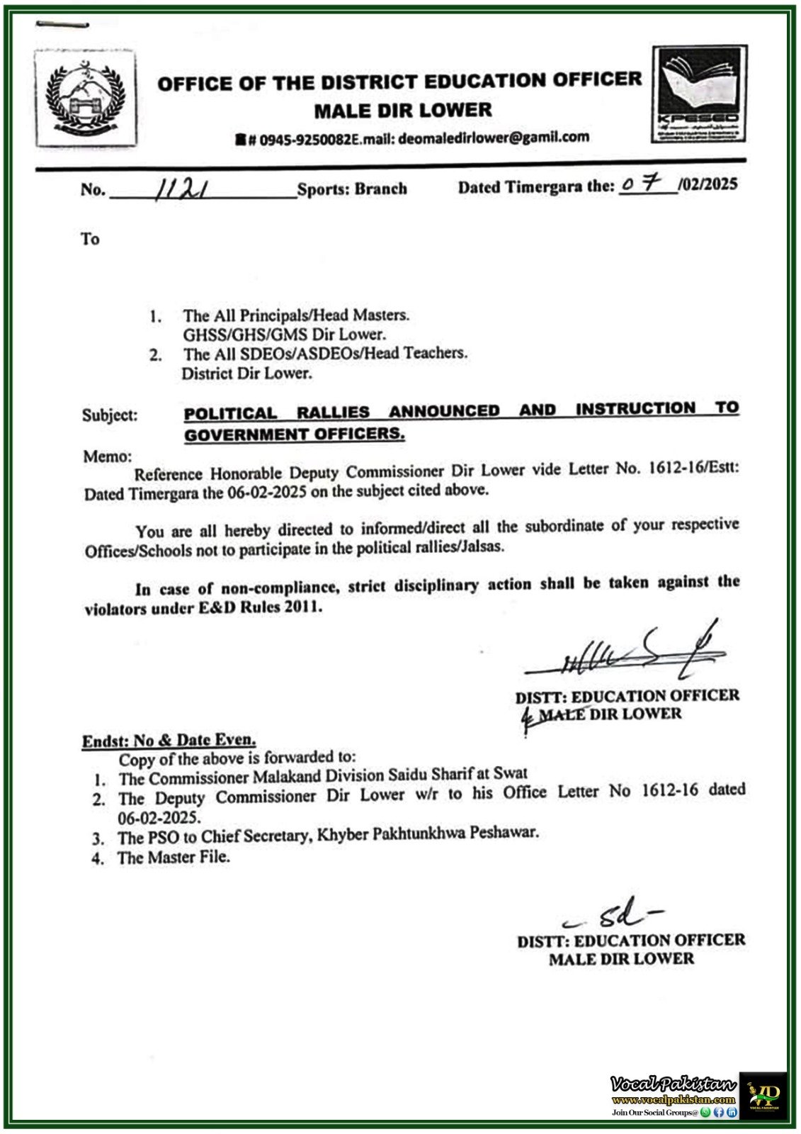 Dir Lower Education Office Warns Govt Employees Against Political Participation–Notification Released