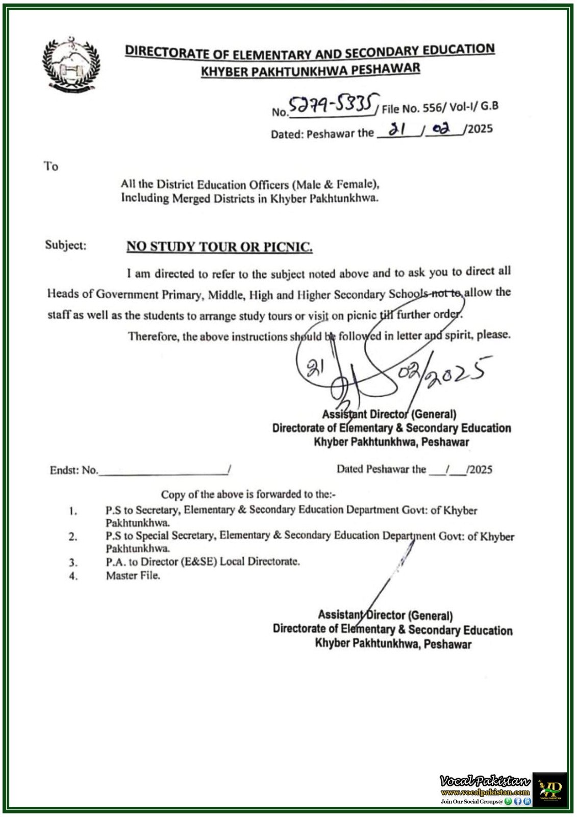 Directorate of Elementary and Secondary Education, Khyber Pakhtunkhwa Bans School Study Tours & Picnics Until Further Notice–Notification