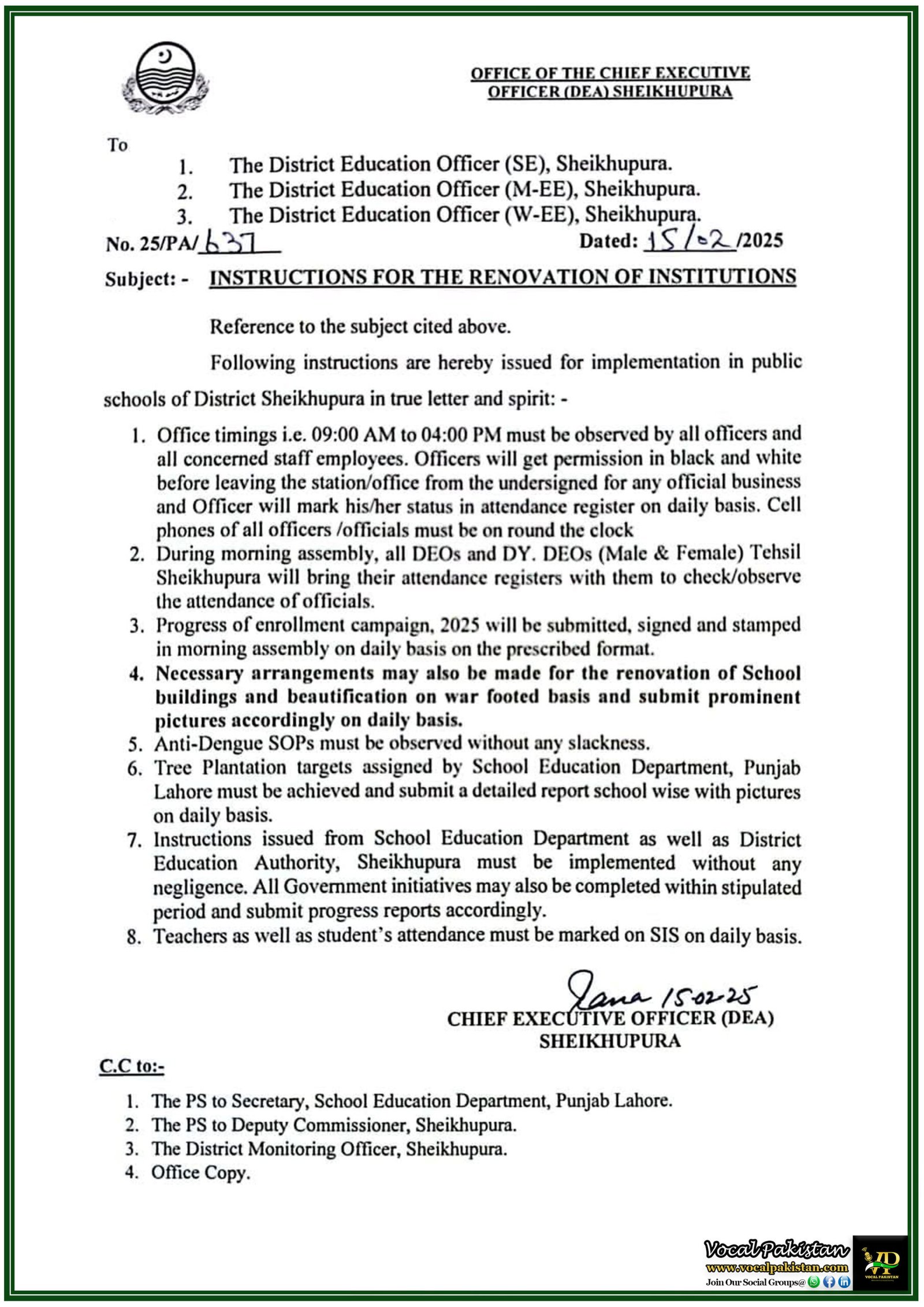 District Education Authority Sheikhupura Sets New Guidelines for School Renovation and Reforms–Notification