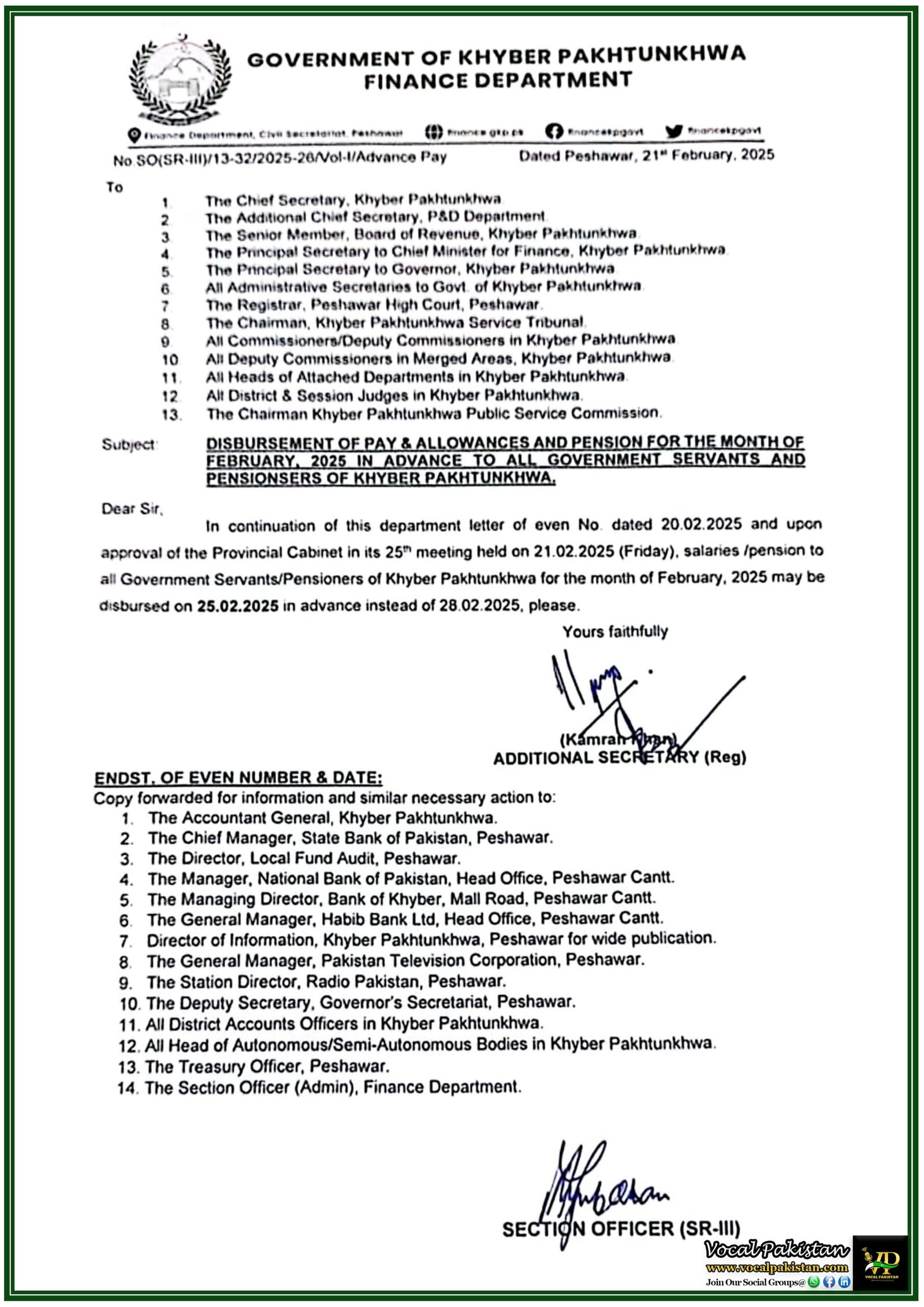 Early Disbursement of Salaries for Government Employees & Pensioners in Khyber Pakhtunkhwa–Official Notification