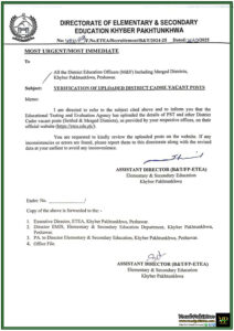 Elementary & Secondary Education Department, Khyber Pakhtunkhwa Urges Verification of Uploaded District Cadre Vacancies–Official Notification