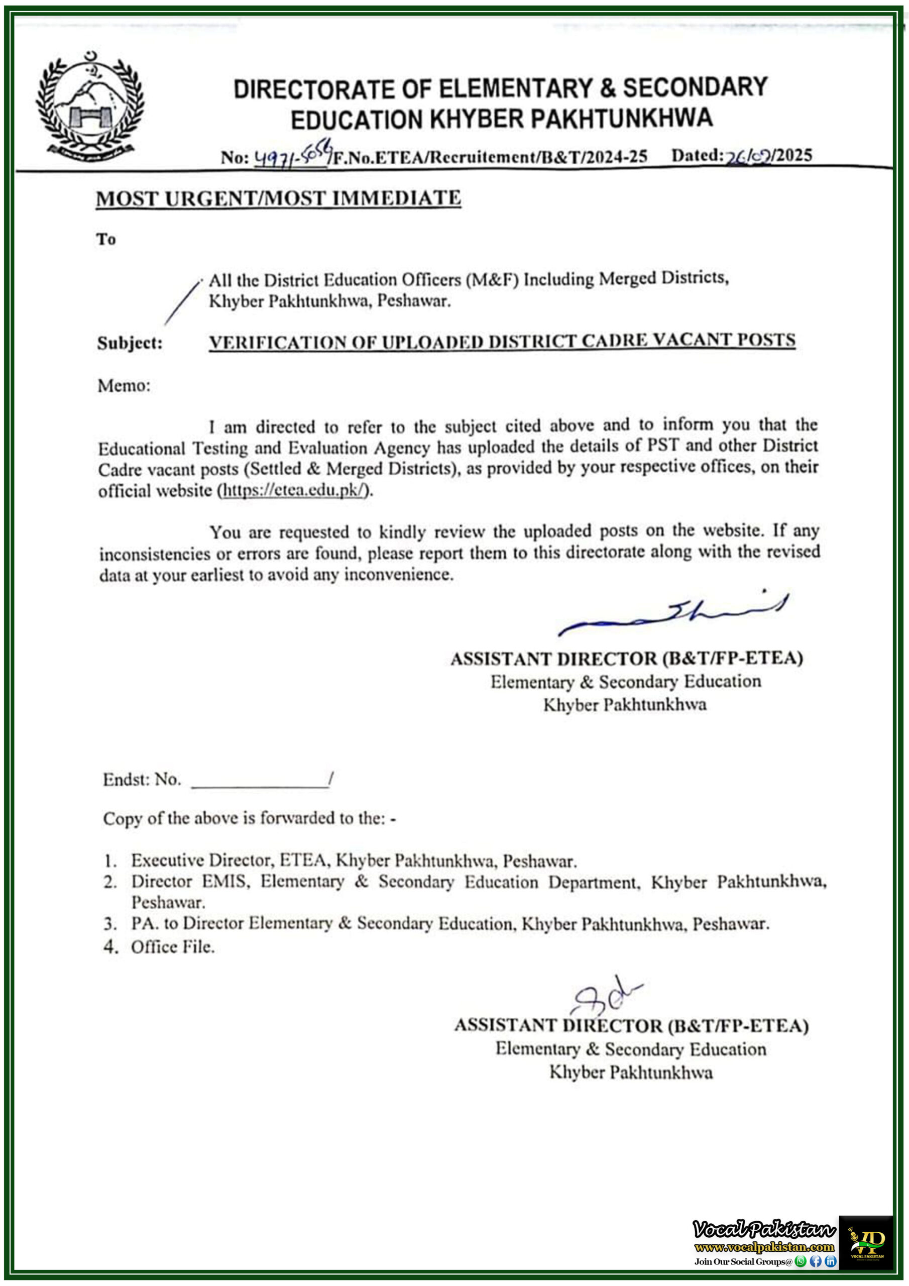 KPK 3 Elementary & Secondary Education Department, Khyber Pakhtunkhwa Urges Verification of Uploaded District Cadre Vacancies–Official Notification