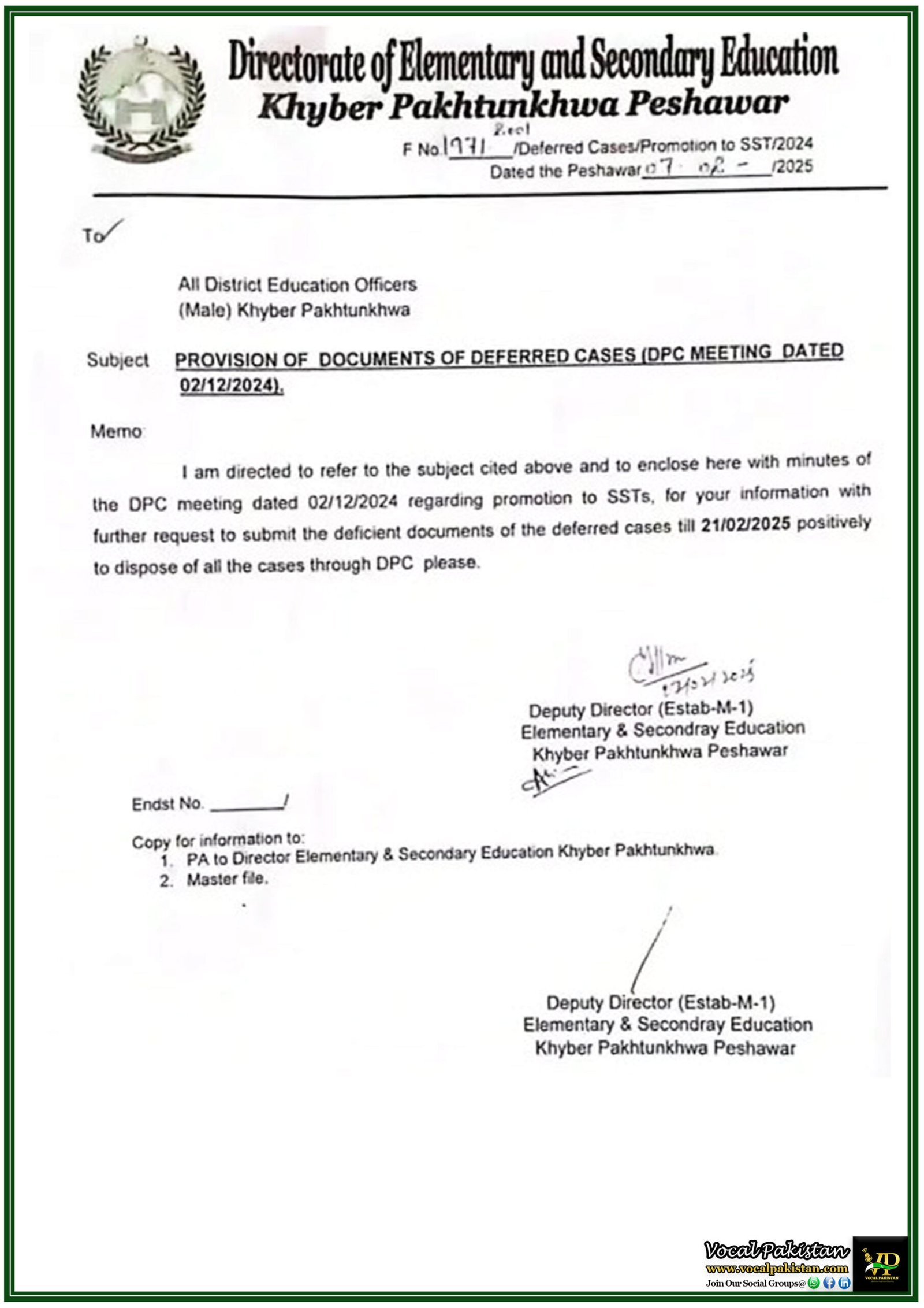 Elementary & Secondary Education KPK Urges Submission of Pending SST Promotion Documents Before 21st February 2025–Official Notification