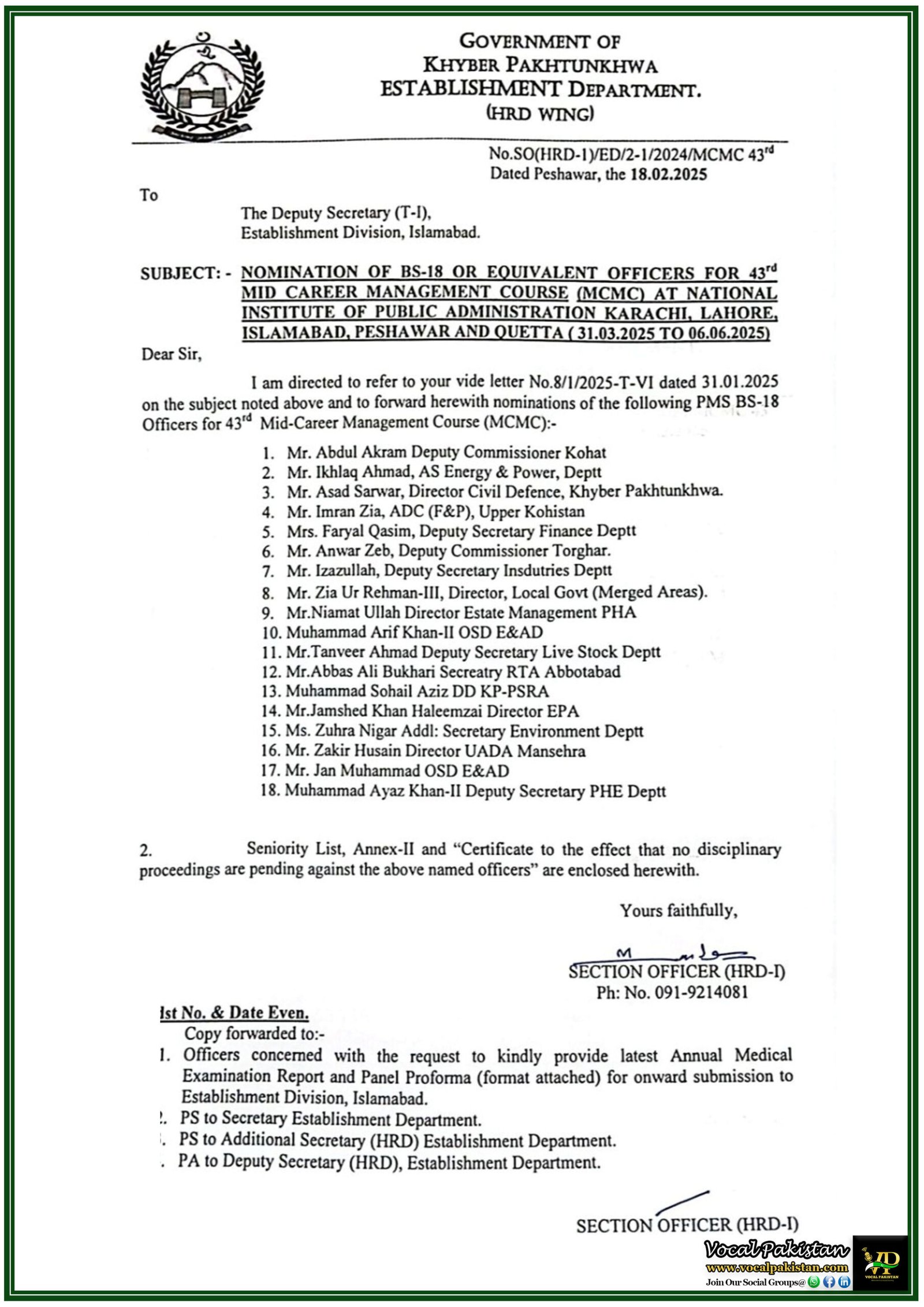 Establishment Department Khyber Pakhtunkhwa Nominates Officers for 43rd Mid-Career Management Course–Notification