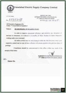 FESCO Announces Re-Shuffling of Meter Reading Staff–Official Notification Issued