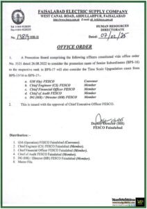 FESCO Promotion Board to Consider Time Scale Upgradation for BPS-1516 to BPS-17–Official Notification