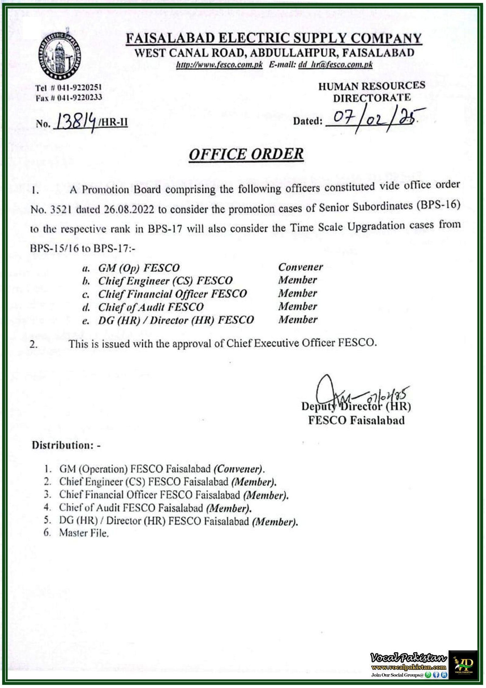 FESCO Promotion Board to Consider Time Scale Upgradation for BPS-15/16 to BPS-17–Official Notification