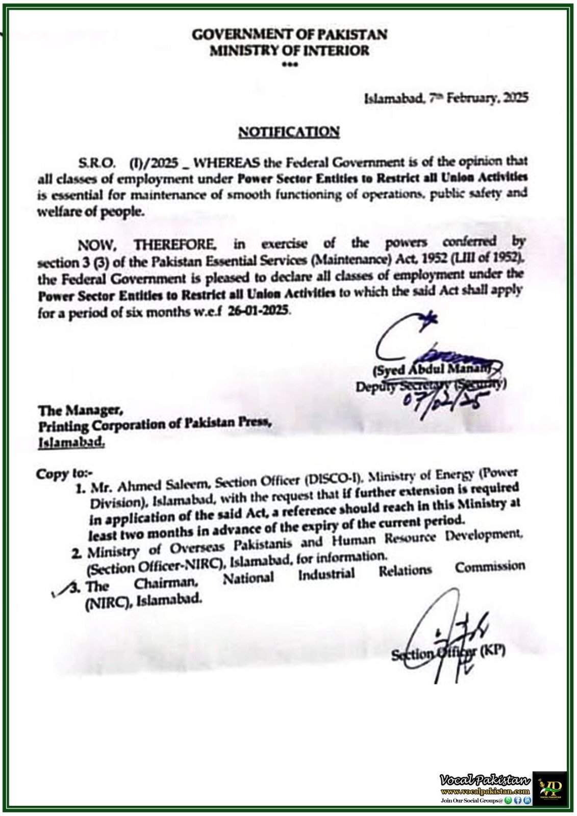 Federal Government Restricts Union Activities in Power Sector–Official Notification Issued