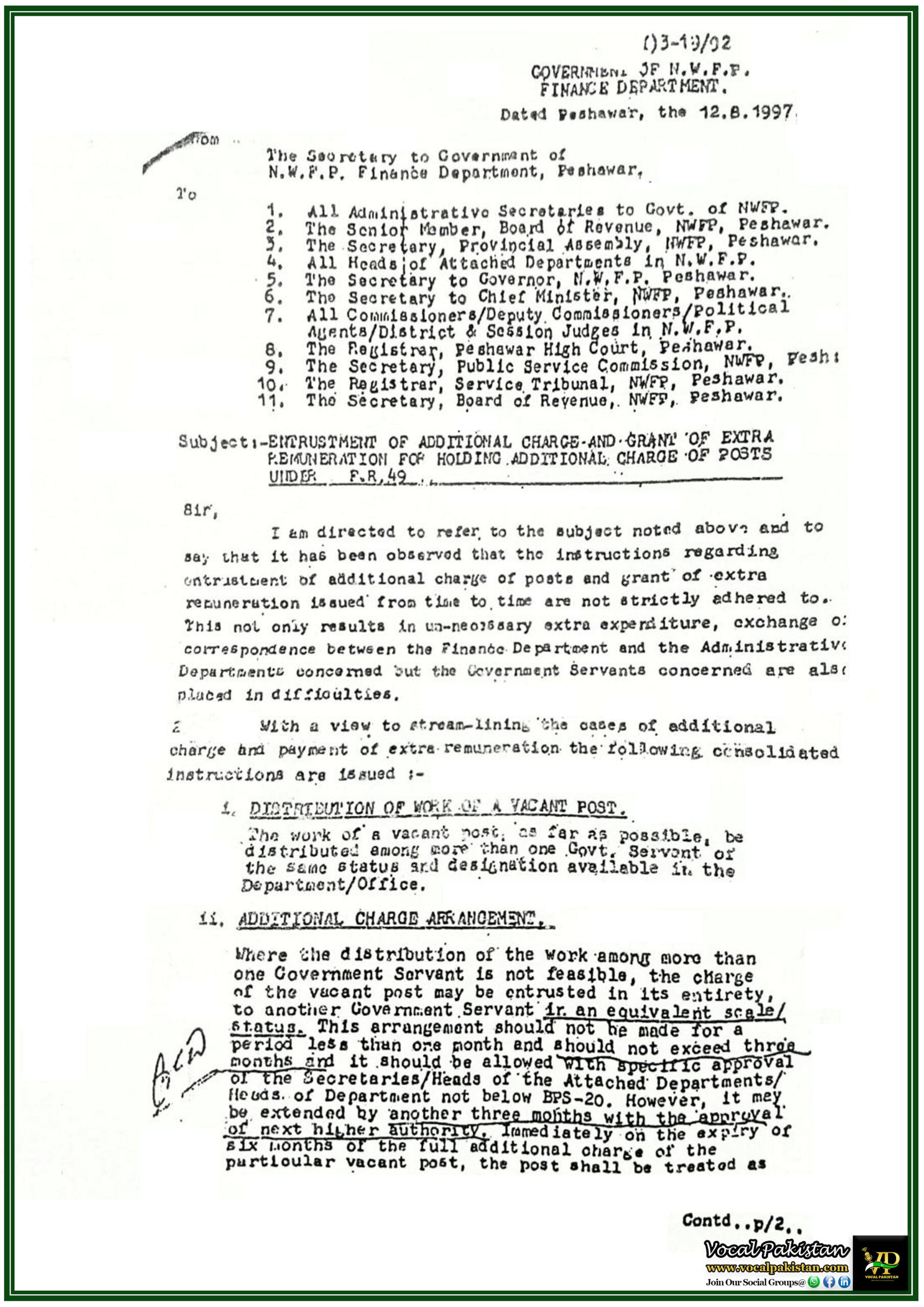 Financial Department 5 Finance Department Khyber Pakhtunkhwa (formerly NWFP) Announces Policy on Extra Pay for Holding Additional Posts