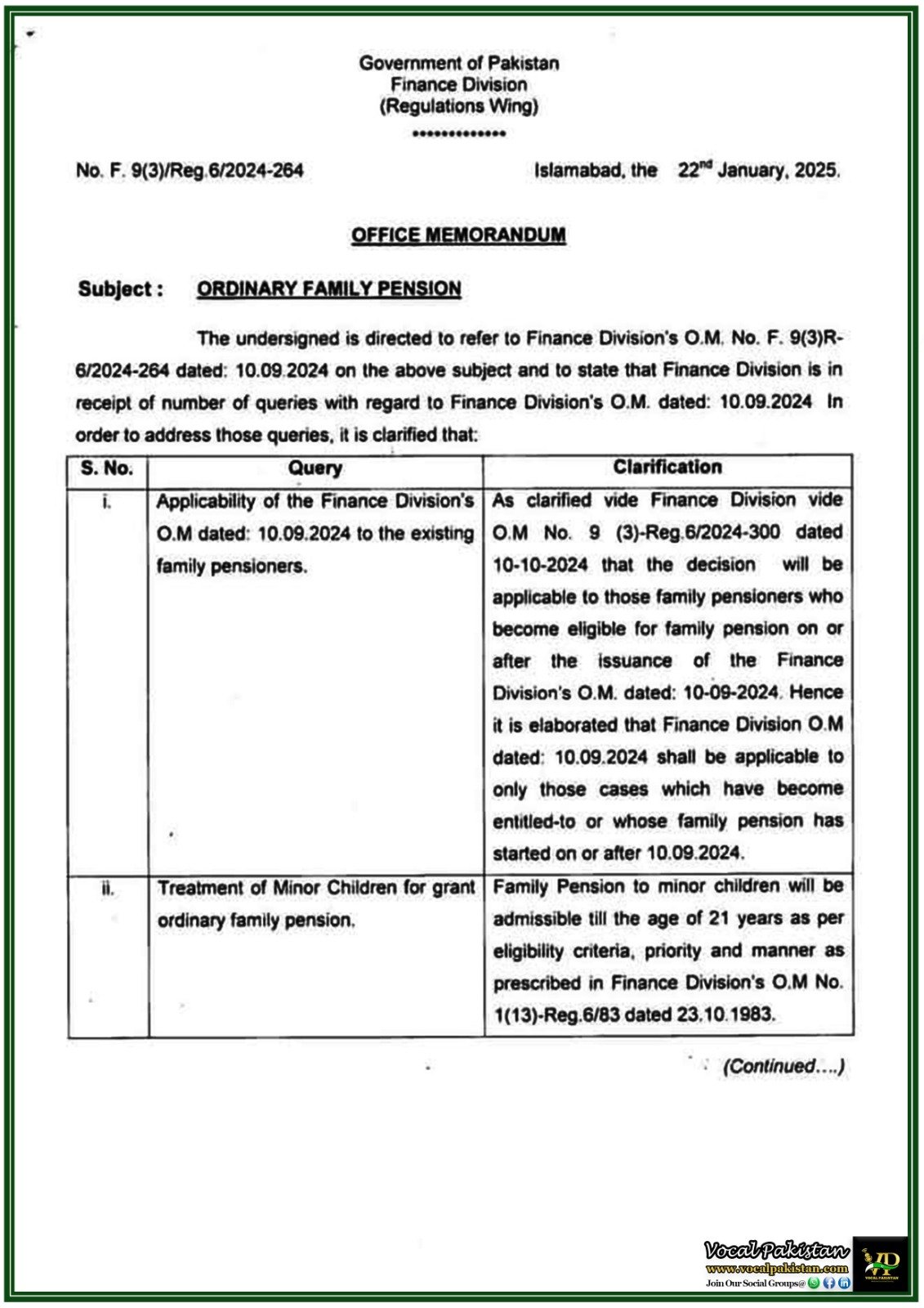 Finance Division Government of Pakistan Issues Guidelines on Family Pension Entitlement–Notification