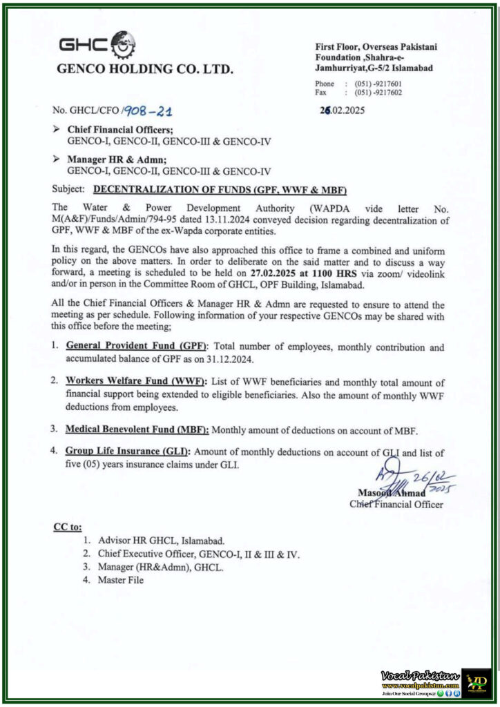 GENCO Holding Company Ltd. (GHCL) to Finalize Policy on Provident Fund & Welfare Funds–Official Notification