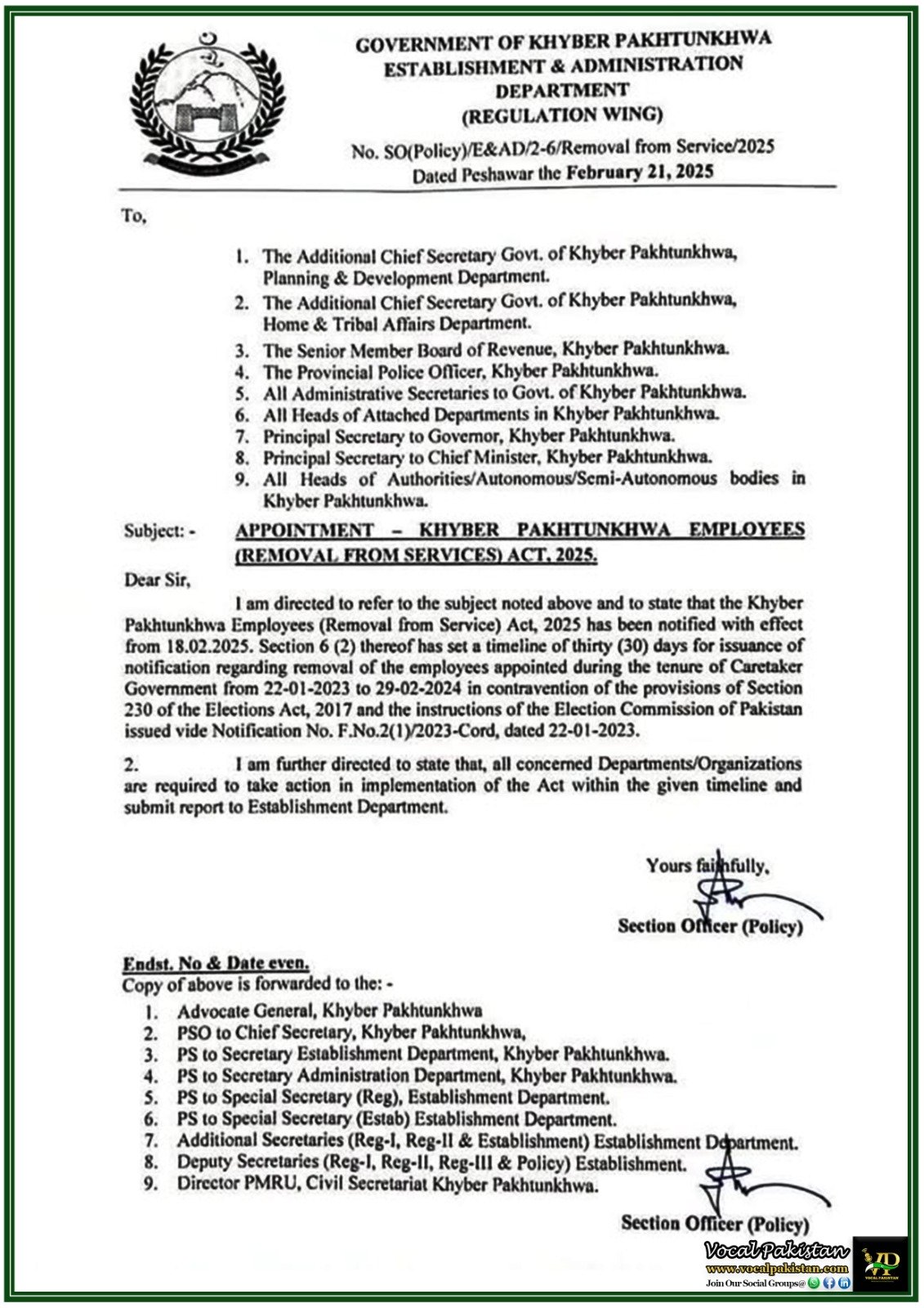 Government Employees of Khyber Pakhtunkhwa Appointed by Caretaker Setup Face Removal–Official Notification