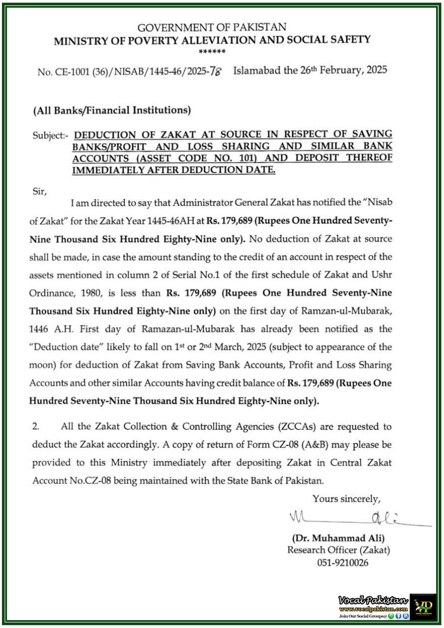 Government Of Pakistan Announces Zakat Deduction for 2025–Important Notification Issued