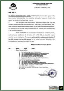 Government of Balochistan Enforces Section 144 to Maintain Law & Order–Notification Issued