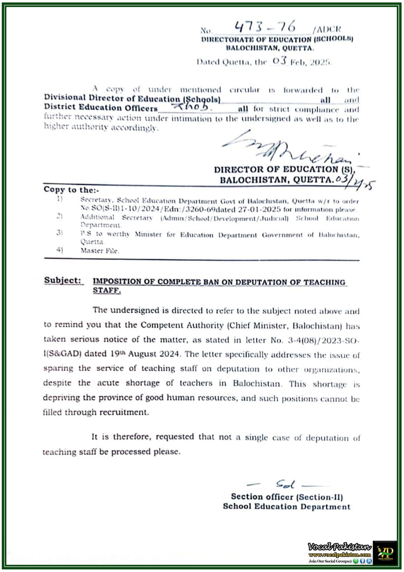 Government of Balochistan Imposes Complete Ban on Teachers’ Deputation–Official Notification