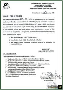 Government of Balochistan Suspends Three Senior Education Officials Over Recruitment Irregularities–Notification