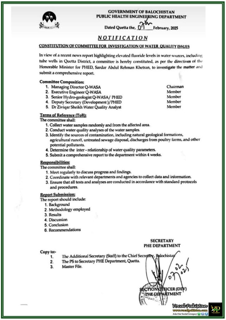 Government of Formed Balochistan Special Committee Formed to Investigate High Fluoride Levels in Quetta’s Water–Notification 6 Government of Formed Balochistan Special Committee Formed to Investigate High Fluoride Levels in Quetta’s Water–Notification
