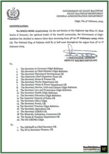 Government of Gilgit-Baltistan Announces National Flag at Half-Mast for Three Days of Mourning on the Passing of His Highness Aga Khan IV–Official Notification