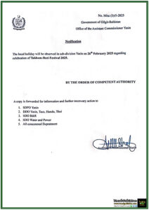 Government of Gilgit-Baltistan Declares Local Holiday in Yasin for Takhum-Rezi Festival 2025-Notification