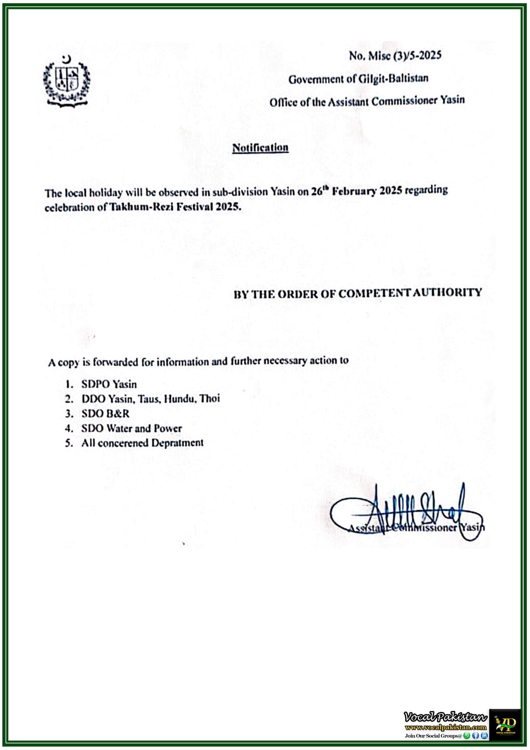 KPSC Jobs 5 Government of Gilgit-Baltistan Declares Local Holiday in Yasin for Takhum-Rezi Festival 2025-Notification