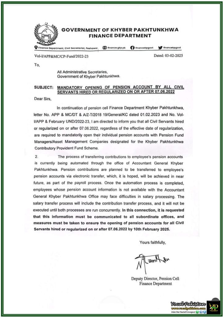 Government of Khyber Pakhtunkhwa, Finance Department Makes Pension Accounts Mandatory for Civil Servants Hired After 2022–Official Notification Issued