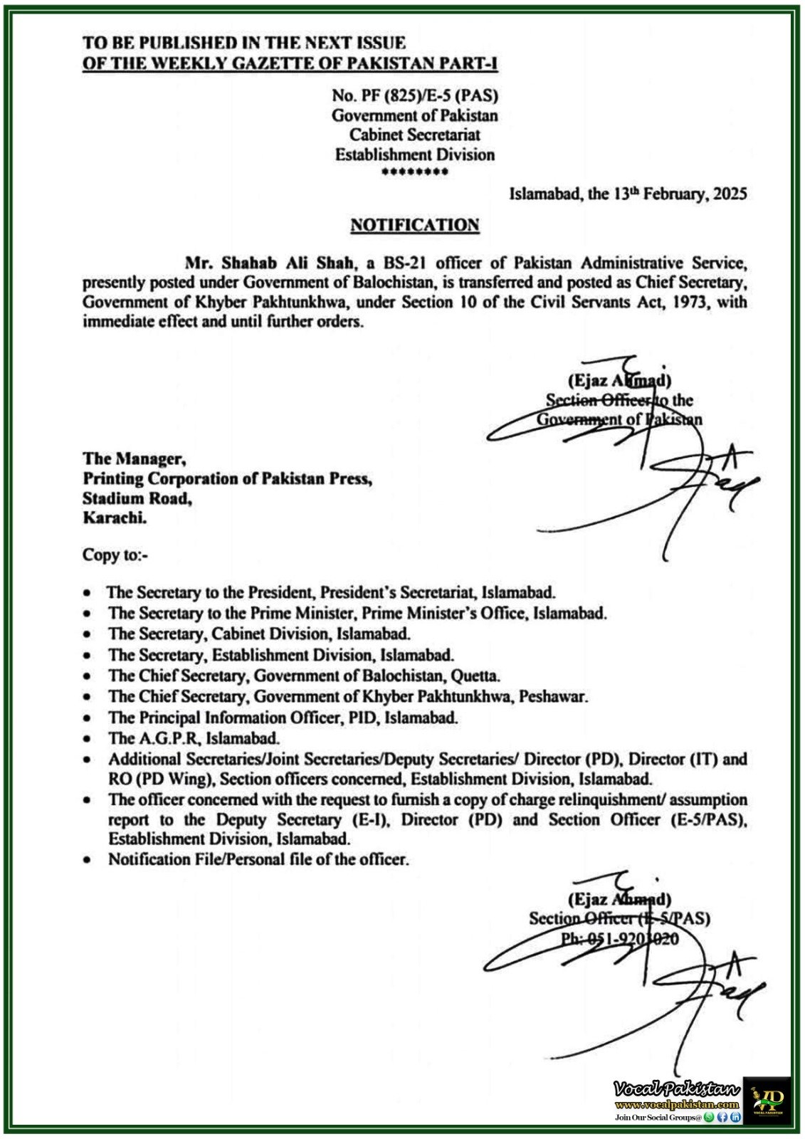 Government of Pakistan Issues Notification for New Chief Secretary Khyber Pakhtunkhwa–Official Gazette Notification