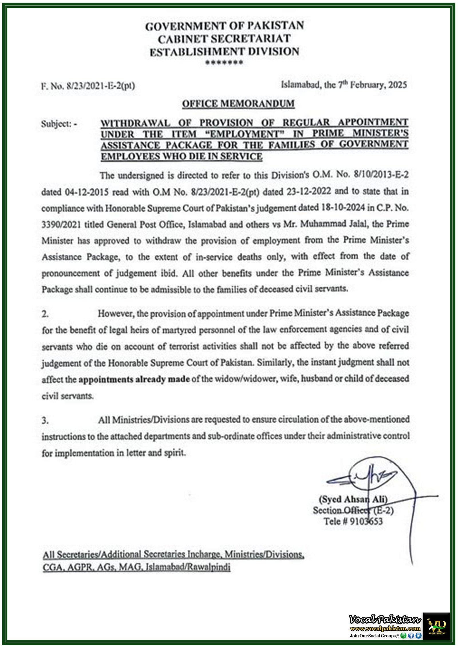 Government of Pakistan Revokes Job Provision in PM Assistance Package for Deceased Employees in the Light of Supreme Court Ruling–Notification Issued