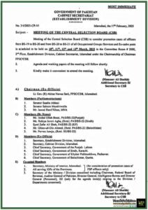 Government of Pakistan Schedules Central Selection Board (CSB) Meeting for BS-19 to BS-21 Promotions–Details Inside