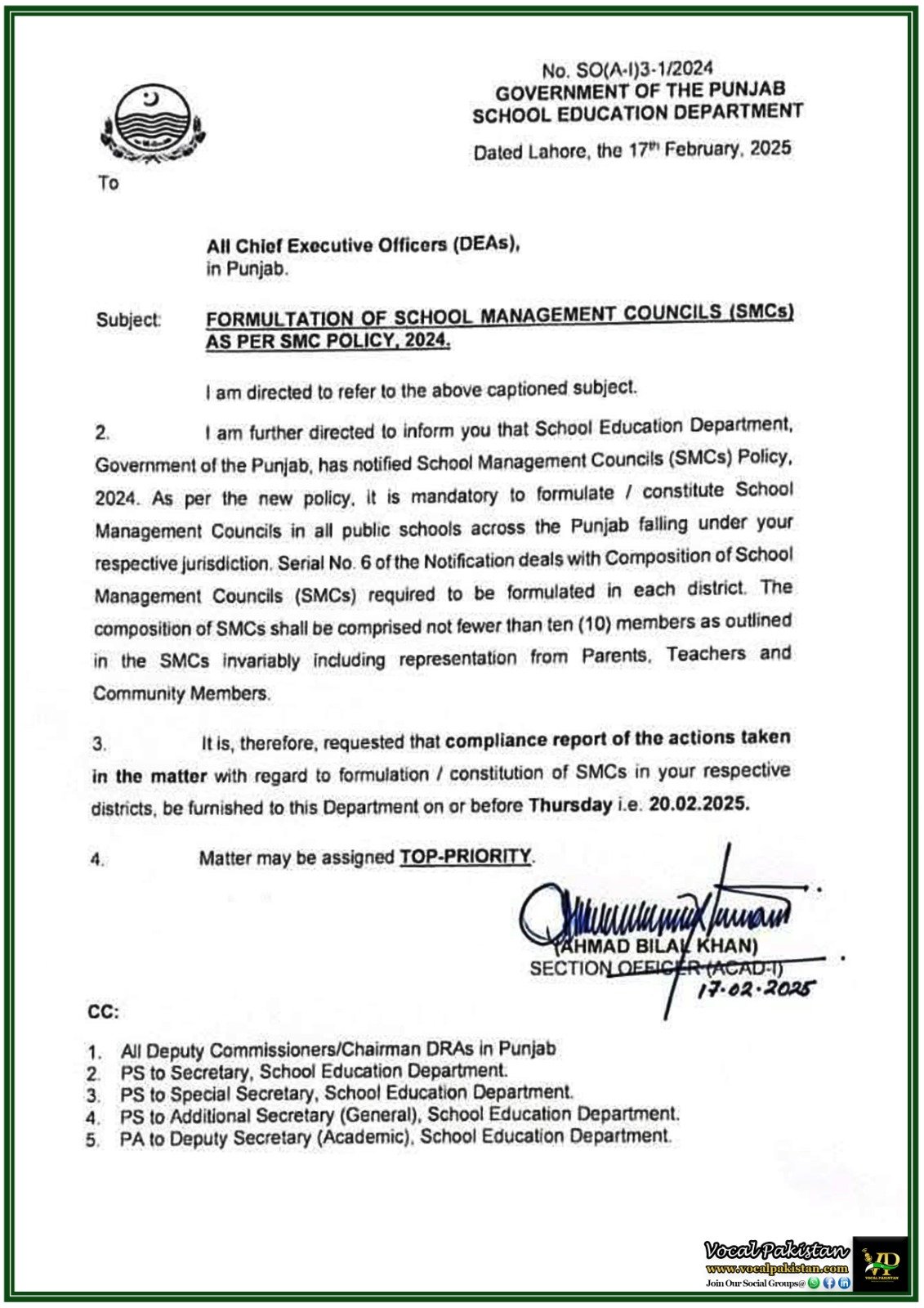 Government of Punjab Directs Education Authorities to Implement School Management Councils (SMCs) in All Public Schools-Notification