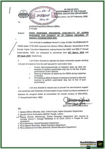 Government of Punjab, School Education Department Urges Schools to Ensure Teacher Availability for SSCHSSC Exams 2025