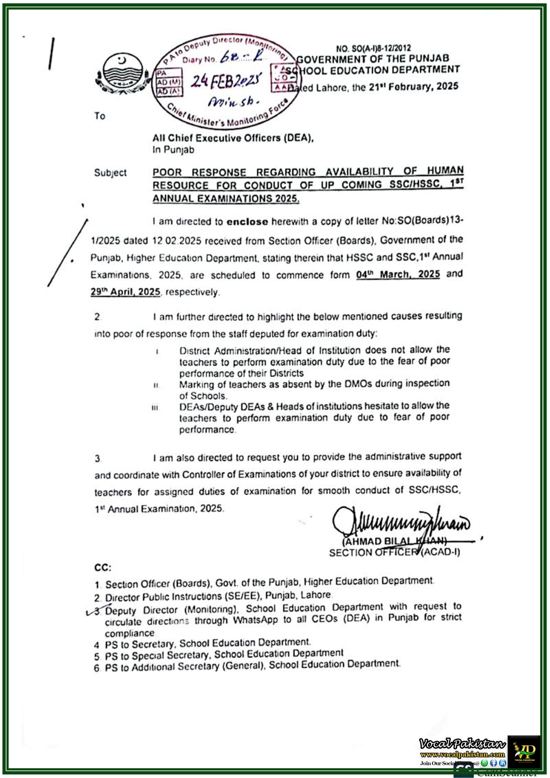 Punjab 7 Government of Punjab, School Education Department Urges Schools to Ensure Teacher Availability for SSCHSSC Exams 2025