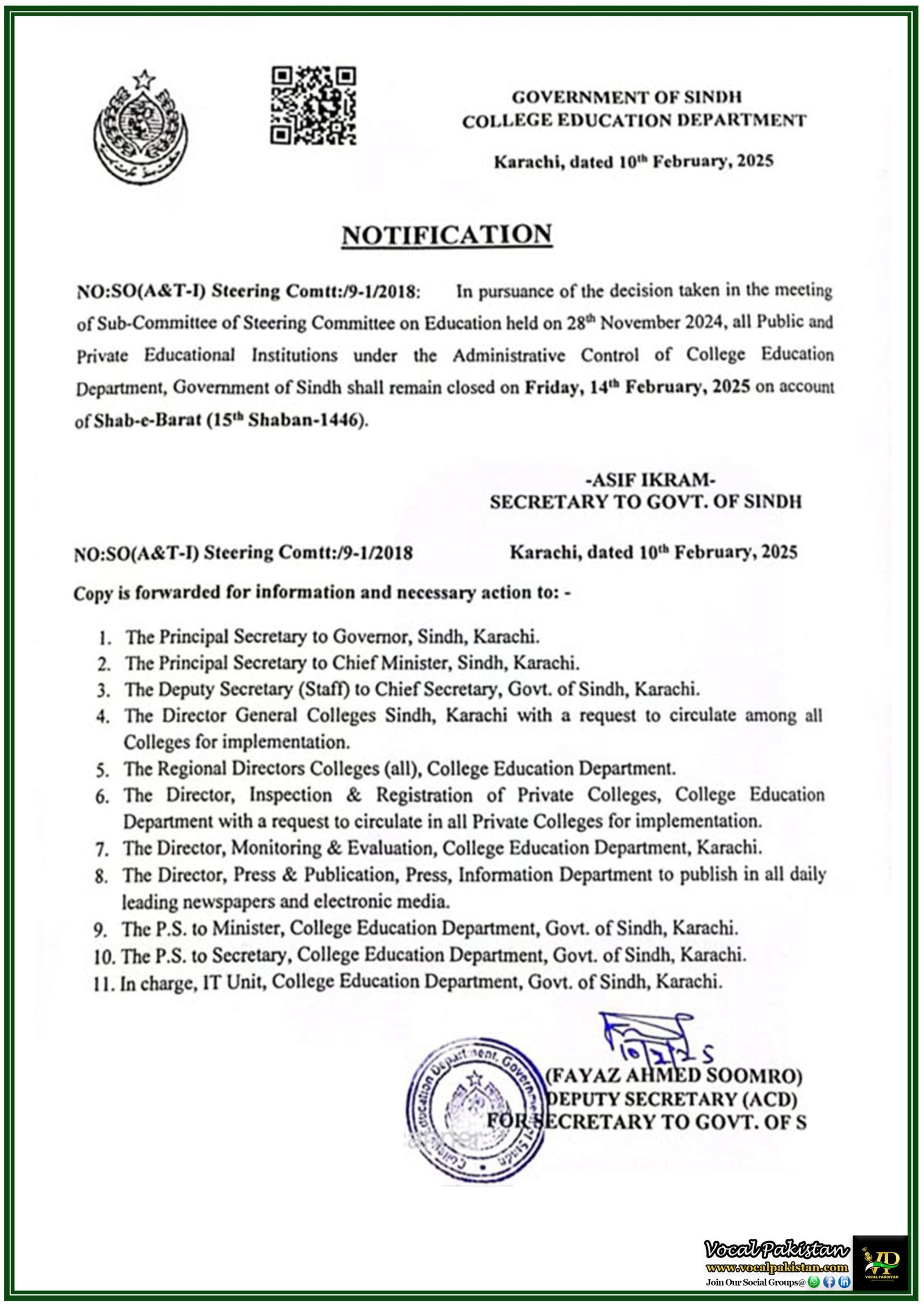 Government of Sindh Announces Public Holiday for Colleges for Shab-e-Barat on 14th February 2025-Official Notification