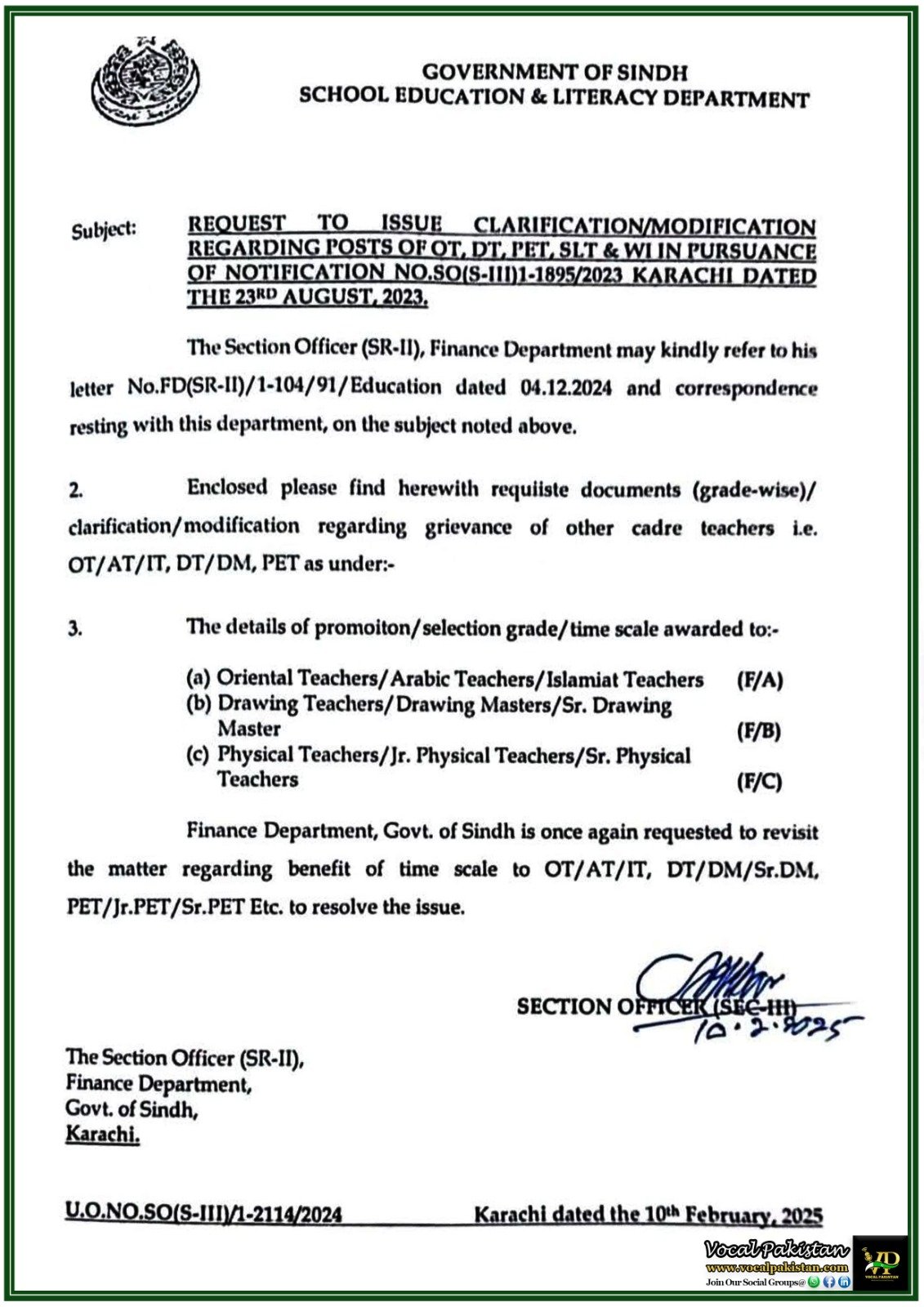 Government of Sindh Requests Clarification on OT, DT, PET, SLT & WI Posts-Notification